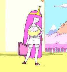 adventure_time big_breasts cartoon_network clothed forest_background pink_body pink_hair pink_skin princess_bubblegum shorts sneakers spaghetti_strap standing tagme thigh_high_socks warner_brothers