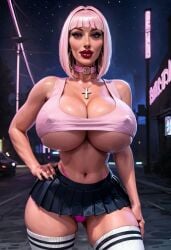 1girls ai_generated bangs bimbo bimbo_body bob_cut choker cleavage collar covered_nipples crop_top cross cross_necklace demon erect_nipples female female_only hand_on_hip hoop_earrings large_breasts lipstick logan_d makeup microskirt navel night outside pink_hair pleated_skirt red_eyes short_hair skimpy skimpy_clothes skirt solo solo_female thighhighs thighs thong underboob xylia