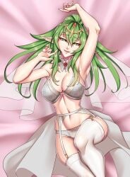 1girls armpits bare_arms bare_thighs bed_sheet bedroom_eyes bra breasts bridal_veil bride cleavage cleru_(cleruuuuu) female fire_emblem fire_emblem_awakening garter_belt green_eyes green_hair grin large_breasts lingerie long_hair looking_at_viewer nintendo on_back panties pointy_ears ponytail smile solo thighhighs thighs tiki_(adult)_(fire_emblem) tiki_(fire_emblem) underwear veil white_bra white_panties