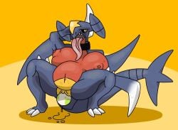 anthro big_breasts birth distended_pussy egg eggnant garchomp gigantic_breasts lady_ironande pokemon pokemon_(species) pregnant spread_legs thick_thighs