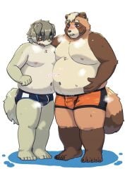 2024 5_toes anthro belly big_belly blush bodily_fluids bulge canid canine canis clothing domestic_dog duo feet hi_res kemono male male/male mammal maron2475 moobs musk navel nipples overweight overweight_male raccoon_dog simple_background sweat tanuki toes underwear