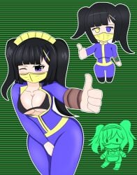 1girls bikini bodysuit boots breasts fallout fallout_(series) female female_only heterochromia long_hair maid_miyu mask mouth_mask pip-boy solo twintails ultra_artu unzipped unzipped_bodysuit vault_dweller vault_girl vault_suit