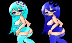 5_fingers ass black_background blue_eyes blue_hair breasts dress female female_only glasses ibi3uno inky_(pac-man) pac-man_(series) pac-man_ghost_dance_(minus8) rule_63 stockings tagme