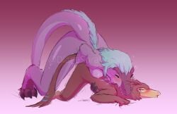 anthro diana_sora dinosaur dinosaur_girl eyes_rolling_back feathers female female/female female_only fingering furry furry_only height_difference neck_bite size_difference stained_sheets tail teeth_showing tyr_tyrant tyrannosaurus_rex velociraptor yuri