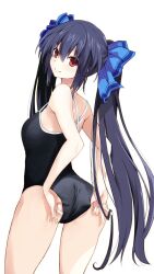 arms_behind_back ass bare_shoulders black_hair from_behind hair_ribbon iwasi_r light-skinned_female long_hair looking_at_viewer neptunia_(series) noire one-piece_swimsuit red_eyes simple_background smile solo swimsuit twintails