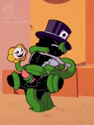 ace_(undertale_yellow) anal_penetration anal_sex bandana_on_neck big_sub_small_dom black_fur choking flowey_the_flower male_only tapering_penis top_hat topwear_only unbuttoned_shirt undertale undertale_(series) undertale_yellow v01dfvcker vine_bondage vine_in_mouth vine_insertion vine_tentacles