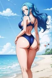 ai_generated ass beach bikini blue_eyes blue_hair blue_swimsuit female female_only huge_ass nefertari_vivi olroxai one_piece solo