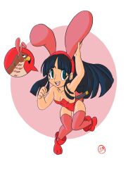 1girls arm_up armpits blue_hair breasts bunny_ears bunny_tail bunnysuit cleavage clenched_hand green_eyes hair_ribbon king_of_fighters leaning_forward legs leotard long_hair mamahaha medium_breasts nakoruru open_mouth ribbon samurai_shodown smile snk thighs weapon