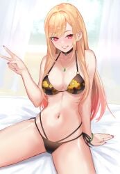 1girls 2022 belly belly_button bikini bikini_bottom bikini_top blonde_hair bracelet choker cleavage curtains ear_piercing earrings eyebrows_visible_through_hair fake_nails female_focus glistening glistening_body gudanco_(nyanmeowzer) gyaru hand_gesture kitagawa_marin long_fingernails long_hair long_nails looking_at_viewer nail_polish necklace pink_fingernail_polish pink_nail_polish ring side-tie_panties sitting_on_bed solo solo_female solo_focus sono_bisque_doll_wa_koi_wo_suru spread_legs swimsuit thighs v v_sign window