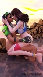 3d alternate_costume ass ass_grab beach blizzard_entertainment breasts brown_hair closed_eyes d.va dark_skin embrace gloves kissing light light_rays long_hair open_lips open_mouth orange_sky overwatch pale_skin purple_hair rocks shorts shorts_down sitting sitting_on_person sky sombra tagme therenderguy tulum_sombra water waveracer_d.va yuri