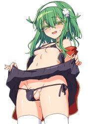 1futa ako_(shinrabanshou) bangle bikini black_skirt blush bracelet breasts bulge clothed clothes_lift clothing covered_nipples flaccid futa_only futanari genderswap_(mtf) green_hair hair_between_eyes hairband highres human jewelry lifting_own_clothes light-skinned_futanari light_skin long_hair looking_at_viewer low-angle_view medium_hair micro_bikini miniskirt mostly_nude navel neckerchief newhalf oerba_yun_fang open_mouth penis penis_in_bikini penis_in_swimsuit pleated_skirt rule_63 shinrabanshou shirt side-tie_bikini side-tie_bikini_bottom simple_background skirt skirt_lift sleeveless sleeveless_shirt slit_pupils small_breasts solo standing string_bikini sweat swimsuit testicles thighhighs unazuki_(sima_hitsuji) underboob underwear white_background white_hairband white_thighhighs yellow_eyes