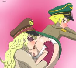 2girls anilingus anus ass blonde_hair blush brown_eyes cf900 domino_(one_piece) erwin female female_only girls_und_panzer hat licking looking_back multiple_girls one_piece oral panties panties_aside panty_pull purple-tinted_eyewear rimming saliva skirt sunglasses tinted_eyewear tongue tongue_out white_panties yuri