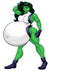 belly_expansion black_hair green_eyes green_skin long_hair marvel pregnant ready_to_pop riddleaugust she-hulk shocked