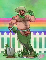 assless_chaps bear_(body_type) boner cabaret_bara cabaret_bara_series caucasian caucasian_male chaps cowboy_hat erect_penis erection green hard_on henry_(cabaret_bara) lgbt_pride male male_only muscles muscular muscular_male precum precum_leak shovel tipping_hat twitter_user_oc uncut winking_at_viewer