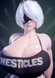 1female 1girls 30fps 3d 3d_animation animated bare_shoulders big_breasts cleavage female female_focus female_only front_view headband jiggle jiggling jiggling_breasts large_breasts nier:_automata scrag_boy scraggy_(artist) shoulders smiling smiling_at_viewer solo solo_female solo_focus swaying swaying_breasts swaying_hips text_on_clothing white_background yorha_2b