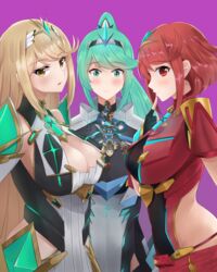 1boy 3girls absurdres aqua_eyes aqua_hair armor artist_request atlus bangs bare_shoulders blonde_hair blush breasts catherine_(game) chest_jewel cleavage cleavage_cutout closed_mouth core_crystal covered_navel dress elbow_gloves eyebrows_visible_through_hair fingerless_gloves gem giant giantess gloves green_eyes hair_ornament hairband headpiece highres jewelry large_breasts long_hair looking_at_viewer matching_hair/eyes miniboy multiple_girls mythra_(xenoblade) naughty_face nintendo nottme open_mouth parody pneuma_(xenoblade) ponytail purple_background pyra_(xenoblade) red_eyes red_hair red_shorts reference rex_(xenoblade) short_hair short_shorts shorts shoulder_armor simple_background size_difference swept_bangs tiara very_long_hair white_dress xenoblade_(series) xenoblade_chronicles_2 yellow_eyes