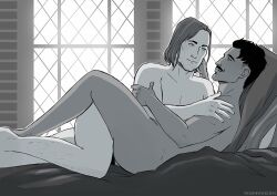 2boys artist_name ass bara beard_stubble bed bedroom black_and_white black_hair colorless completely_nude cuddling cute dark-skinned_male dark_hair dark_skin david_trevelyan day daylight dorian_pavus dragon_age dragon_age_inquisition duo facial_hair fantasy gay gay_male hairy_legs human inquisitor_(dragon_age) light-skinned_male light_skin long_hair looking_at_another looking_at_partner lying lying_down mage male male/male male_only monochrome moustache naked naked_male nude nude_male on_bed pillow romantic smile smiling stubble trashwarden video_games window yaoi