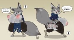 anthro anus ass ass_expansion bencs big_breasts big_butt biped blush breast_expansion breasts canid canine clothing corsac_fox dialogue dreamworks female fox fur genitals grey_body grey_fur hi_res holding_breast holding_butt huge_breasts huge_butt kung_fu_panda mammal nipples pussy solo thick_thighs torn_clothing true_fox zhen_(kung_fu_panda)