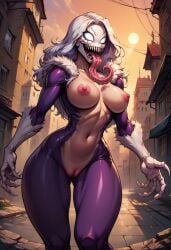 ai_generated black_cat_(marvel) bodysuit breasts civitai claws felicia_hardy fur_trim large_tongue marvel marvel_comics monster_girl navel pussy pussy_juice pussy_juice_drip she-venom solo spider-man_(series) symbiote symbiote_suit wavy_hair white_hair