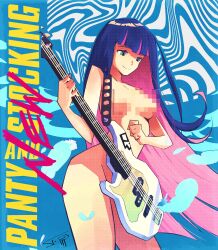 1girls bass_guitar casual censored electric_guitar female guitar human instrument long_hair mosaic_censoring naked nude pale_skin panty_&_stocking_with_garterbelt sl1m_skull smile smiling solo stocking_anarchy