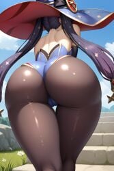 1girls ai_generated ass ass_focus back_view female female_only genshin_impact huge_ass low-angle_view mona_(genshin_impact) mona_ass outdoors round_ass shiny_skin solo tight_clothing witch_hat