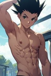 1boy abs aged_up ai_generated dvxxxgrai flexing gon_freecss hunter_x_hunter male_focus male_only muscular_male pectorals pixai shirtless solo topless upper_body