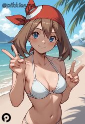 ai_generated bandana bangs beach bikini blue_eyes blue_sky blush breasts brown_hair cleavage closed_mouth cloud collarbone day double_v female hair_between_eyes halterneck hands_up looking_at_viewer may_(pokemon) medium_breasts navel ocean outdoors pikkiwynn pokemon red_bandana sky smile solo swimsuit tree upper_body v water white_bikini