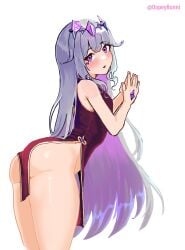 1girls 2d artist_name ass blush breasts chinese_clothes crown dopeybunni eyebrows_visible_through_hair female female_only grey_hair hair_between_eyes hair_ornament hands_together hololive hololive_english hololive_english_-advent- jewelry koseki_bijou long_hair looking_at_viewer open_mouth purple_eyes qipao silver_hair simple_background solo standing thick_ass thick_thighs thighs virtual_youtuber vtuber white_background