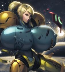 armor armored_samus big_breasts blonde_hair blue_eyes bodysuit breast_expansion breast_grab breast_hold breast_squeeze breasts breasts_bigger_than_head broken_armor clothed erect_nipples erect_nipples_under_clothes exploding_clothes female female_only holding_breasts huge_breasts human large_breasts mangrowing metroid nintendo nipples_visible_through_clothing samus_aran smile solo solo_female tight_clothing varia_suit white_skin zero_suit zero_suit_samus