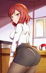 1girls ass ass_focus black_clothing black_skirt box_wonderland female female_focus female_only from_behind hi_res long_sleeves looking_at_viewer looking_back love_live! love_live!_school_idol_project mug nishikino_maki purple_eyes red_hair shirt short_hair skirt solo solo_female solo_focus white_clothing white_shirt window