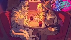 16:9 1boy 1girls advertisement blush boon_digges date digital_media_(artwork) dinner dinner_date duo eyewear felid female food hi_res hyena kenno_(kennoarkkan) kenno_arkkan male mammal mostly_nude pantherine pizza pizza_slice snow_leopard widescreen