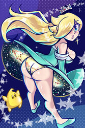 ass blonde_hair blue_eyes blush breasts captainanaugi crown dress earrings exposed exposed_butt eyelashes female female_focus galaxy hair_over_one_eye heels light_blue_dress lips lipstick long_hair looking_at_viewer luma mario_(series) nintendo open_mouth panties princess_rosalina sideboob space star stars super_mario_galaxy thick thighs underwear upskirt