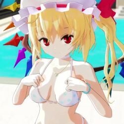 1girls 3d alternate_breast_size animated big_breasts bikini bikini_top_lift blonde_hair breasts busty cleavage clothes_lift curvy female female_only flandre_scarlet large_breasts legs lifting_own_clothes looking_at_viewer medium_hair mofumoko5 navel pool red_eyes sensual side_ponytail smile solo tagme teasing thighs touhou underboob video water