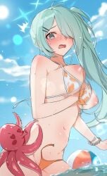 1girl alternate_costume aqua_eyes aqua_hair aqua_halo arius_satellite_school_student arius_squad_(blue_archive) bare_shoulders beach beach_ball belly belly_button big_breasts bikini bikini_bottom bikini_bottom_untied bikini_top bikini_top_undone blue_archive blush breasts breasts_out breasts_out_of_clothes clear_sky clothes_falling_off clothing concerned female female_only hair_over_one_eye halo hand_on_breast heart_eyes high_resolution highres hiyori_(blue_archive) hiyori_(swimsuit)_(blue_archive) large_breasts light-skinned_female light_skin long_hair looking_at_another looking_down nipples octopus official_alternate_costume outdoors ponytail scared side_ponytail solo solo_female surprised_expression tears tentacles_on_female yuke061112