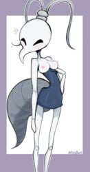 1girls afrobull antenna antennae anthro areolae arthropod arthropod_abdomen arthropod_humanoid blush breasts carapace dress exposed_breasts female female_only female_solo grinning hollow_knight insect insect_abdomen insect_girl insect_humanoid insects inverted_nipples iselda_(hollow_knight) nipples no_bra no_eyebrows no_mouth no_sclera no_visible_genitalia pale-skinned_female pale_skin ponytail presenting_breasts pulling_shirt_down purple_border segmented_abdomen short_dress signature skinny skinny_girl smiling_at_viewer solo team_cherry thin thin_waist tight_clothing tight_dress white_background white_body white_breasts white_skin