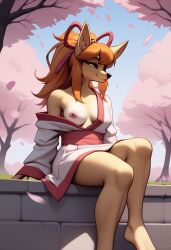 ai_generated anthro breasts ceroba_ketsukane female fox fox_news furry happy kimono kitsune leaf mammal nipples one_breast_out partially_clothed partially_nude sitting smile snout solo undertale undertale_(series) undertale_yellow