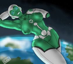 1girls aya_(green_lantern) blue_eyes boobs breasts breasts_out dc dc_comics earth exposed_breasts exposed_pussy female female_focus female_only floating green_body green_lantern:_the_animated_series green_lantern_(series) green_lantern_corps green_lips green_nipples green_skin muscular_female naked nude nude_female phantomas(artist) pinup pussy robot robot_girl robot_humanoid smiling_at_viewer solo solo_female solo_focus space