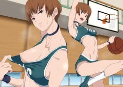 armpits basketball basketball_(ball) basketball_court basketball_hoop basketball_uniform bottomwear choker clothing exposed_breasts female human persona persona_4 satonaka_chie shorts sportswear sweat tomboy toned toned_female uniform very_short_hair