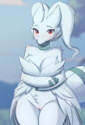 anthro anthrofied blush breasts female fur generation_5_pokemon genitals giesenn legendary_pokemon naturally_censored nintendo nipple_tuft pokemon pokemon_(species) pokemorph pussy reshiram shy simple_eyes solo tuft zariya(aurorasnowtales)