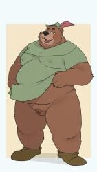 2024 9:16 anthro balls bear belly big_belly black_nose blush brown_body clothing disney fat fat_belly genitals hat headgear headwear hi_res kemono little_john male male_only mammal micropenis moobs obese obese_male overweight overweight_male penis qqmelon888 robin_hood_(disney) simple_background small_penis solo