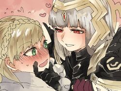 2girls blonde_hair blush braid chin_grab fire_emblem fire_emblem_heroes gloves green_eyes grey_hair headgear heart holding_chin imminent_kiss long_hair open_mouth red_eyes sharena_(fire_emblem) shock silver_hair smirk surprised veronica_(brave_princess)_(fire_emblem) veronica_(fire_emblem) yuri