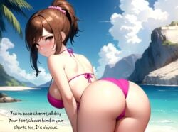 1boy 1boy1girl 1girls ai_assisted ai_generated anime_nose ass beach bikini bikini_bottom bikini_top blush breasts breasts_together brown_eyes brown_hair busty caption clouds day daytime english english_text female_focus hazel_eyes huge_breasts huge_tits_teen large_breasts long_breasts male_pov original original_character outdoors outside panties pendulous_breasts pink_bikini rear_view sagging_breasts sand sky small_but_busty smile soft_breasts solo_focus speech sunlight suspicious teen teenage_girl teenager text trees water young