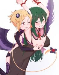 2girls arms_up babywipes blonde_hair blush breast_grab breast_squeeze breasts breasts_out breasts_out_of_clothes capella_emerada_lugunica captured crusch_karsten duo duo_female femdom green_hair groping groping_breasts groping_from_behind half-dressed half_naked lezdom nipples partially_clothed rape re:zero_kara_hajimeru_isekai_seikatsu standing tied_hands villain_on_hero yuri