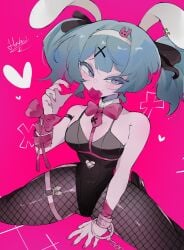 1girls 2d 2d_(artwork) animal_ears blue_eyes blue_hair blush bunny_hair_ornament bunnysuit condom condom_in_mouth curvy fake_animal_ears female female_only fishnets hair_ornament hatsune_miku heart heart-shaped_pupils hoshoidk light-skinned_female light_skin looking_at_viewer pink_background pink_nail_polish pink_nails rabbit_ears rabbit_hole_(deco*27/caststation) rabbit_hole_(vocaloid) signature solo tagme twintails vocaloid x_hair_ornament