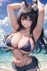 1female 1girls ai_generated animal_ears animal_tail armpits arms_up artist_request bangs beach big_breasts bikini bikini_top breasts commentary_request delta_(the_eminence_in_shadow) english_commentary female female_focus female_only happy happy_female hi_res highres kage_no_jitsuryokusha_ni_naritakute! light-skinned_female light_skin long_hair long_hair_female looking_at_viewer outdoors outside smile smiling smiling_at_viewer solo solo_focus the_eminence_in_shadow very_high_resolution water wolf_ears wolf_girl wolf_tail