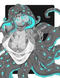 anthro big_breasts cecaelia commission digital_media_(artwork) dress female glasses glowing glowing_eyes gps-device hi_res horns huge_breasts jewelry looking_at_viewer monster_girl multicolored_body octopus_girl original round_glasses shirt_only tank_top tentacle tentacle_hair