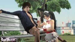 1boy 1boy1girl 1girls 3d animated apron asian asian_female ball_fondling bench black_hair bunny_ears cleavage dead_or_alive dean_demasso dualfaceart female fondling_balls glasses gloves handjob kunoichi large_breasts large_penis long_hair maid male moaning momiji_(ninja_gaiden) ninja_gaiden onagi outdoors park penis sound source_filmmaker tecmo video