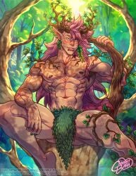 akastos_(dungeons_and_dragons) asian asian_male benjamin_(cabaret_bara) cabaret_bara cabaret_bara_series cosplay covering_crotch dungeons_&_dragons_at_cabaret_bara dungeons_and_dragons east_asian east_asian_male forest he-dryad male male_only markings muscles muscular muscular_male nature nymph pointy_ears shirtless_male sitting_in_tree thick_thighs twitter_user_oc woods