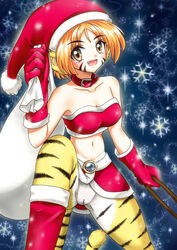 breasts breath_of_fire breath_of_fire_ii cat_tail christmas clothing facial_mark female furry gloves hat holding holding_sack oerba_yun_fang orange_hair pussy rinpoo_chuan sack santa_costume santa_hat skirt tail tiger_stripes