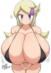 1girls absurd_res absurdres ace_trainer_(pokemon) ace_trainer_(pokemon_xy) astrid_(pokemon) big_breasts bikini bikini_top blonde_hair breasts breasts_bigger_than_head cleavage collarbone creatures_(company) game_freak highres huge_breasts jaga334 large_breasts looking_at_viewer nintendo pokemon pokemon_trainer pokemon_xy purple_eyes sideboob solo sweat